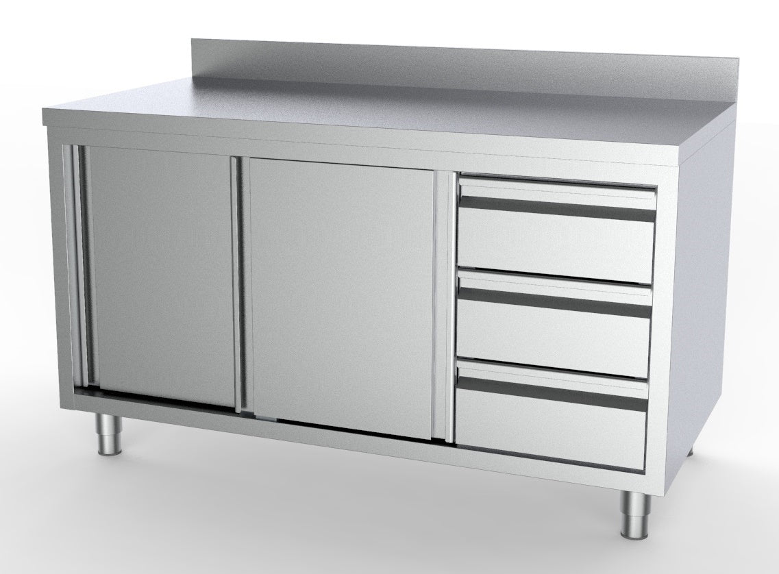 Combisteel 700 Worktable Sliding Doors Drawers Right With Upstand 1600 - 7333.0274  Combisteel