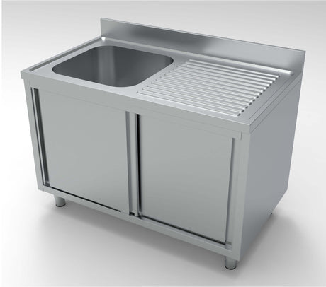 Combisteel 700 Stainless Steel Single Left Bowl Sink With Sliding Doors 1200mm Wide - 7333.0900 Sink Units with Drawers & Cupboards Combisteel   