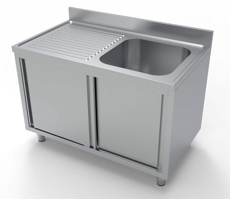 Combisteel 700 Stainless Steel Single Right Bowl Sink With Sliding Doors 1200mm Wide - 7333.0905 Sink Units with Drawers & Cupboards Combisteel   