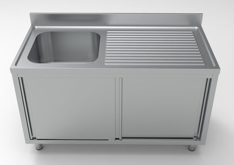 Combisteel 700 Stainless Steel Single Right Bowl Sink With Sliding Doors 1400mm Wide - 7333.0915 Sink Units with Drawers & Cupboards Combisteel   