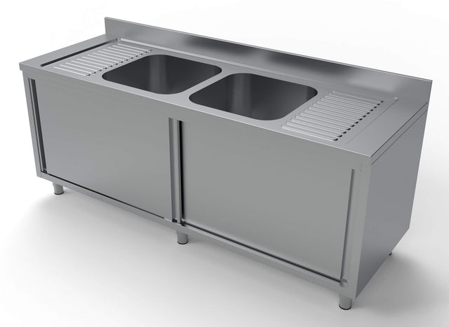 Combisteel 700 Stainless Steel Double Bowl Sink With Sliding Doors 2000mm Wide - 7333.0920 Sink Units with Drawers & Cupboards Combisteel   