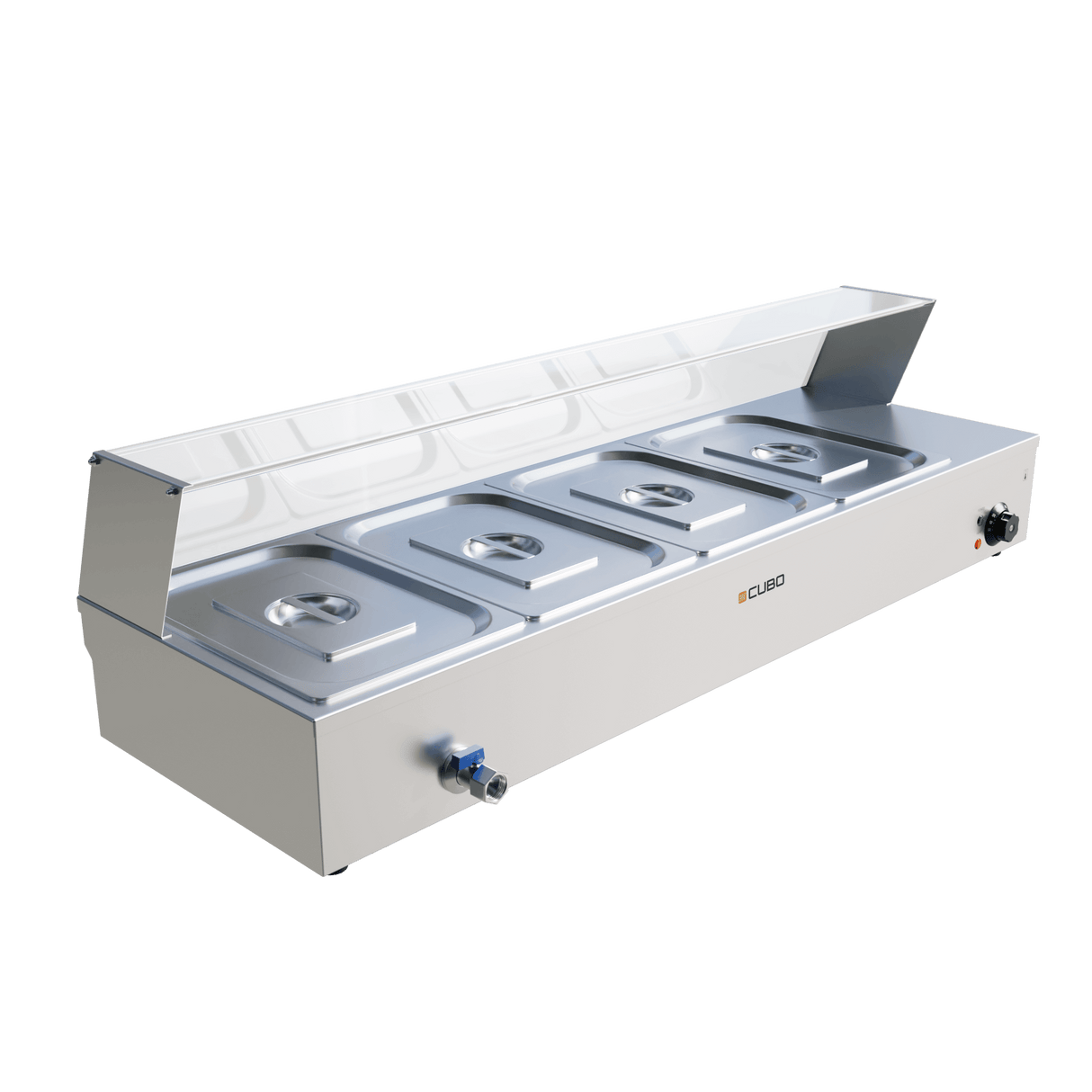 CUBO Bain Marie Beheizte Vitrine - 4x GN 1/2 - Glasumrandung / Niesschutz - Pfannen und Deckel inklusive - CS-BM4S