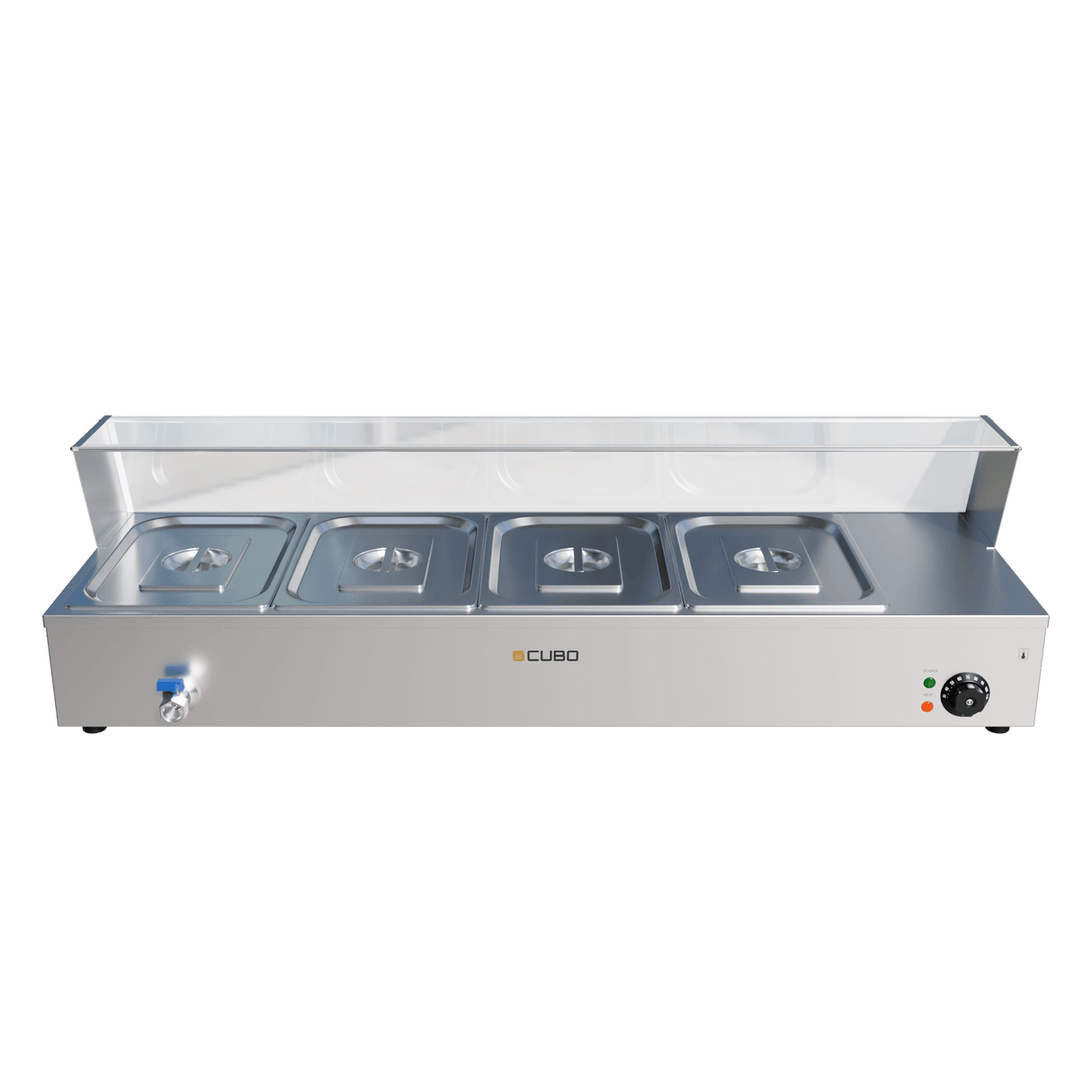 CUBO Bain Marie Beheizte Vitrine - 4x GN 1/2 - Glasumrandung / Niesschutz - Pfannen und Deckel inklusive - CS-BM4S