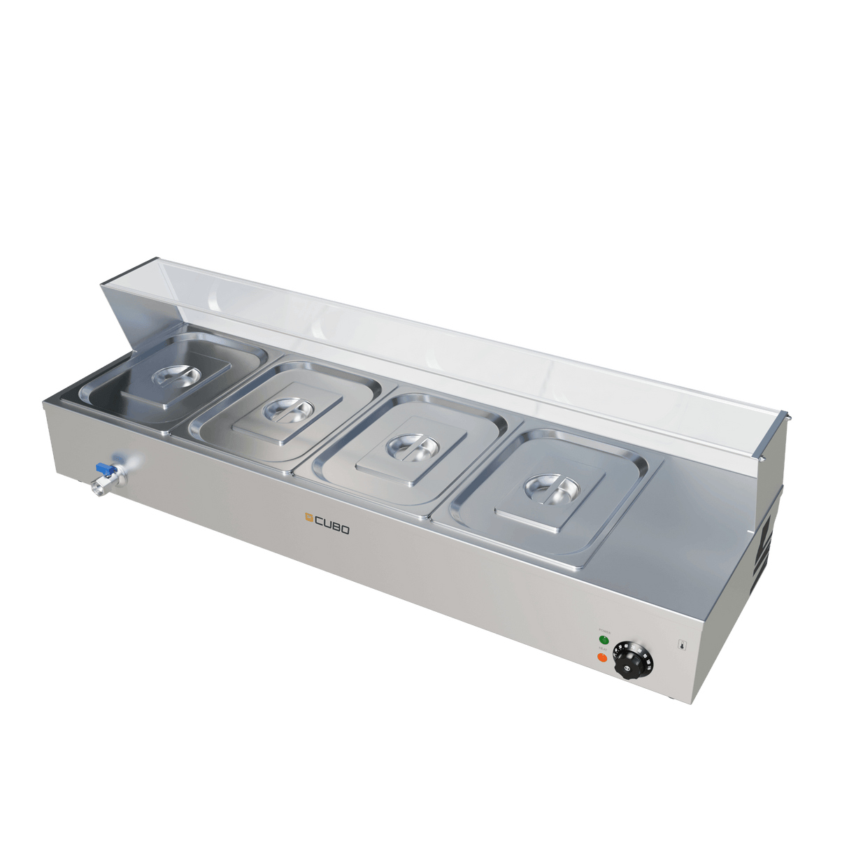 CUBO Bain Marie Beheizte Vitrine - 4x GN 1/2 - Glasumrandung / Niesschutz - Pfannen und Deckel inklusive - CS-BM4S