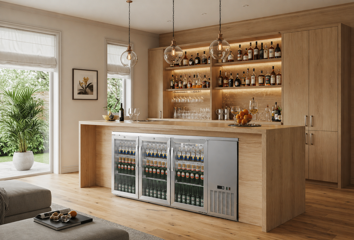 CUBO Barkoelkast met hoge capaciteit 516L - 3 scharnierende glazen deuren roestvrij staal - Lage zijkoeling - 470 flessen - CS-526HR