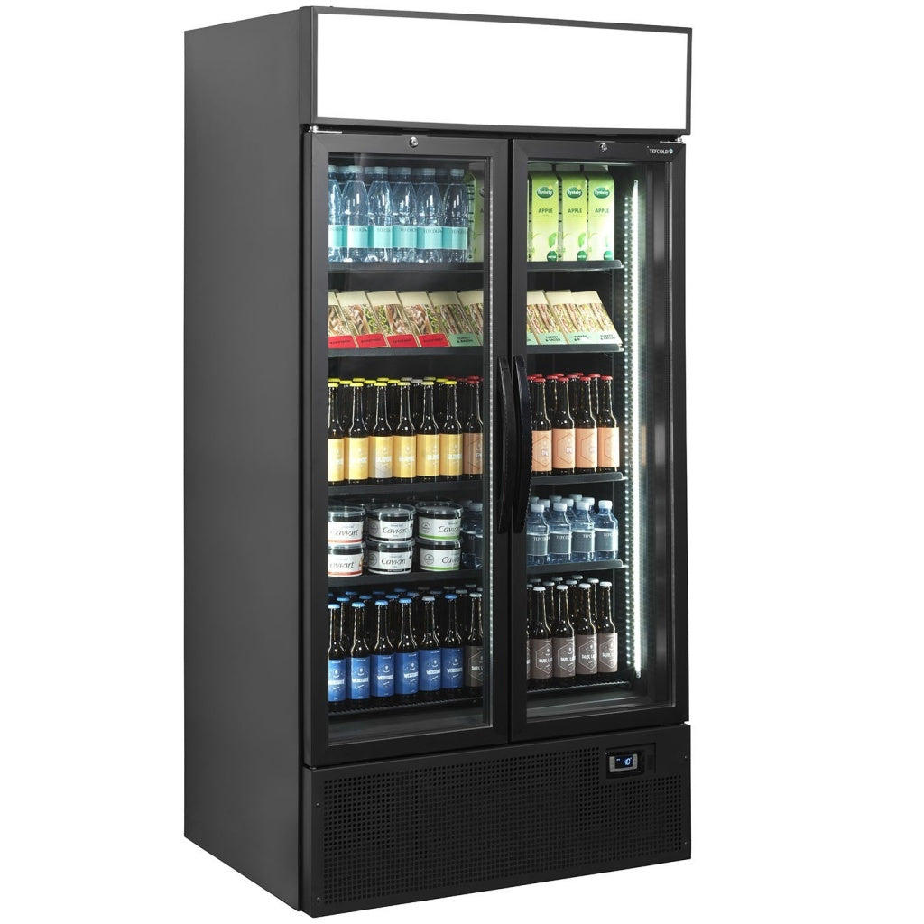 Tefcold Double Glass Door Bottle Cooler Merchandiser Fridge - FSC1000H-BLACK Upright Double Door Bottle Coolers Tefcold