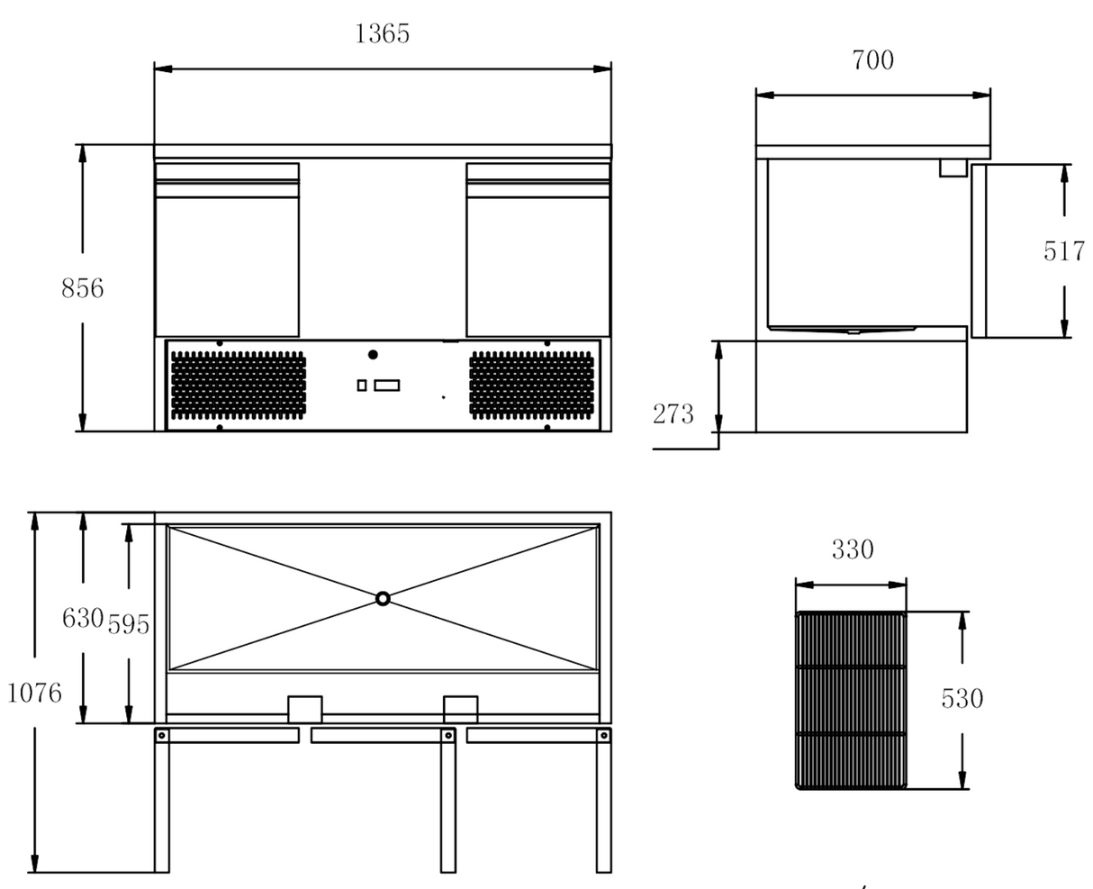 Cubo Edelstahl-Zubereitungstisch / Saladette mit 3 Türen und Edelstahl-Arbeitsplatte – 136,5 cm – CS-S903SSTOP