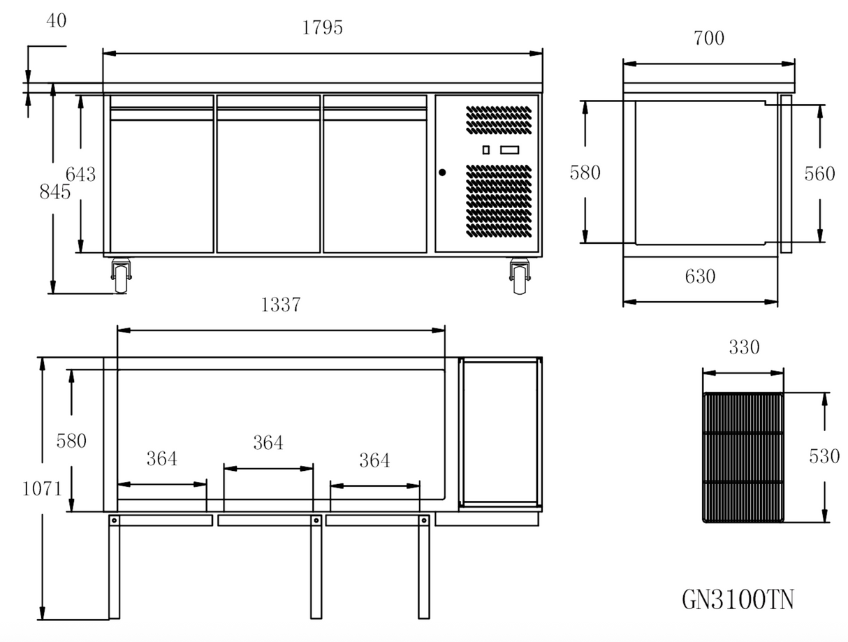 CUBO Vorbereitungswerkbank 417L - 3-türiger Thekenkühlschrank - Edelstahl - 1795(B) x 700(T)mm - CS-GN3100TN