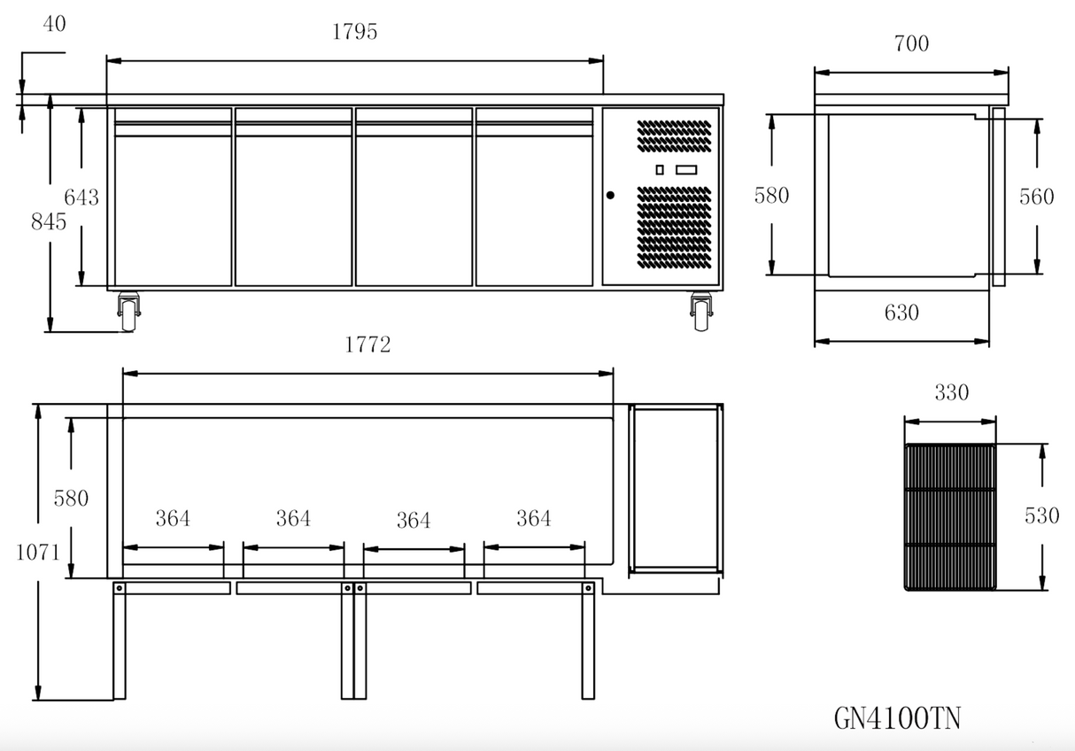 CUBO Vorbereitungswerkbank 553L - 4-türiger Thekenkühlschrank - Edelstahl - 2230(B) x 700(T)mm - CS-GN4100TN