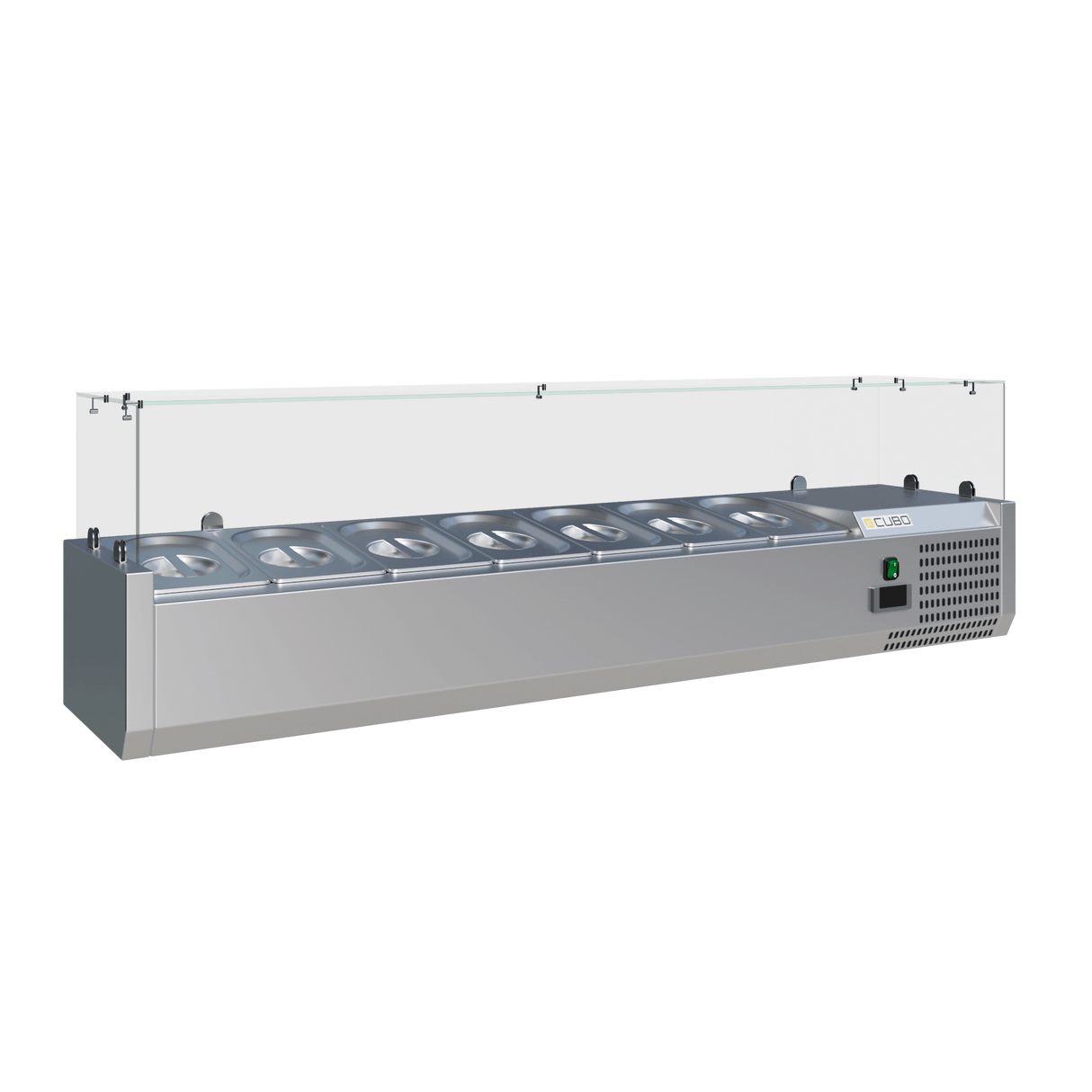 Cubo Kühlthekenvitrine / Zubereitungsplatte - Glasumrandung - GN1/4 x 7 GN-Behälter und Deckel - 1500 x 335 - CS-VRX1500/330