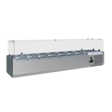 Cubo Kühlthekenvitrine / Zubereitungsplatte - Glasumrandung - GN1/4 x 7 GN-Behälter und Deckel - 1500 x 335 - CS-VRX1500/330