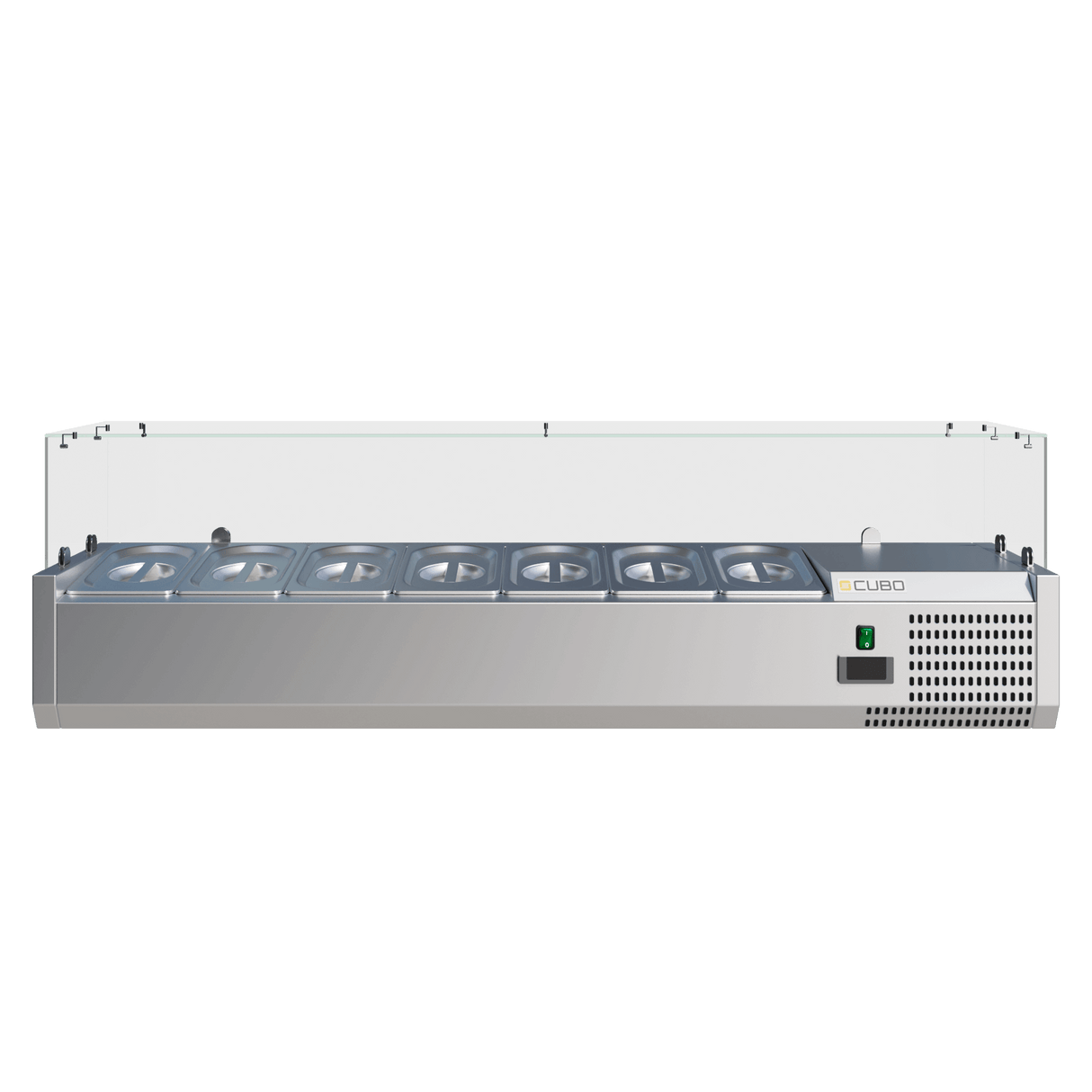 Cubo Kühlthekenvitrine / Zubereitungsplatte - Glasumrandung - GN1/4 x 7 GN-Behälter und Deckel - 1500 x 335 - CS-VRX1500/330