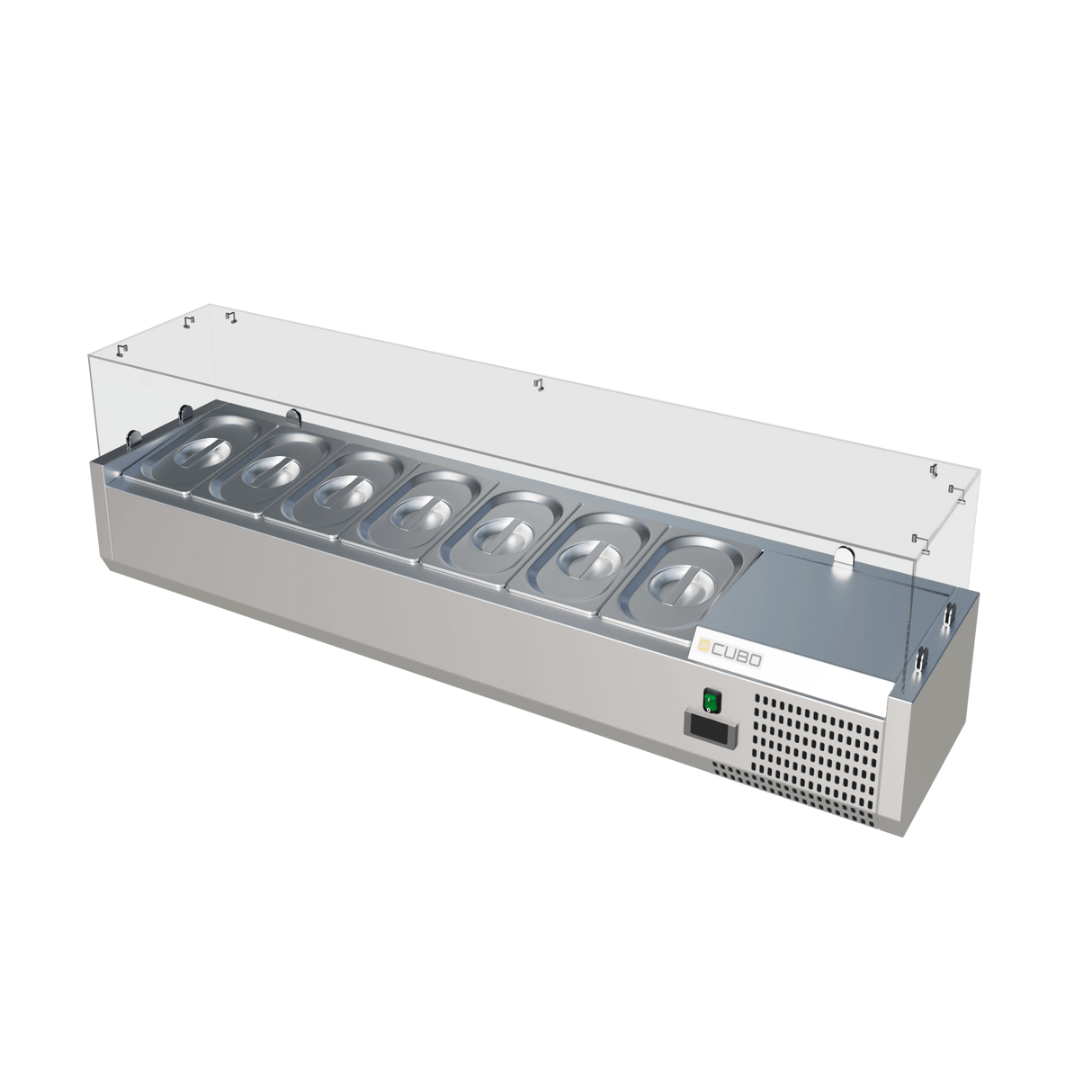 Cubo Kühlthekenvitrine / Zubereitungsplatte - Glasumrandung - GN1/4 x 7 GN-Behälter und Deckel - 1500 x 335 - CS-VRX1500/330