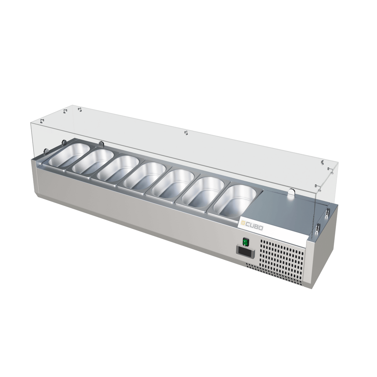 Cubo Kühlthekenvitrine / Zubereitungsplatte - Glasumrandung - GN1/4 x 7 GN-Behälter und Deckel - 1500 x 335 - CS-VRX1500/330