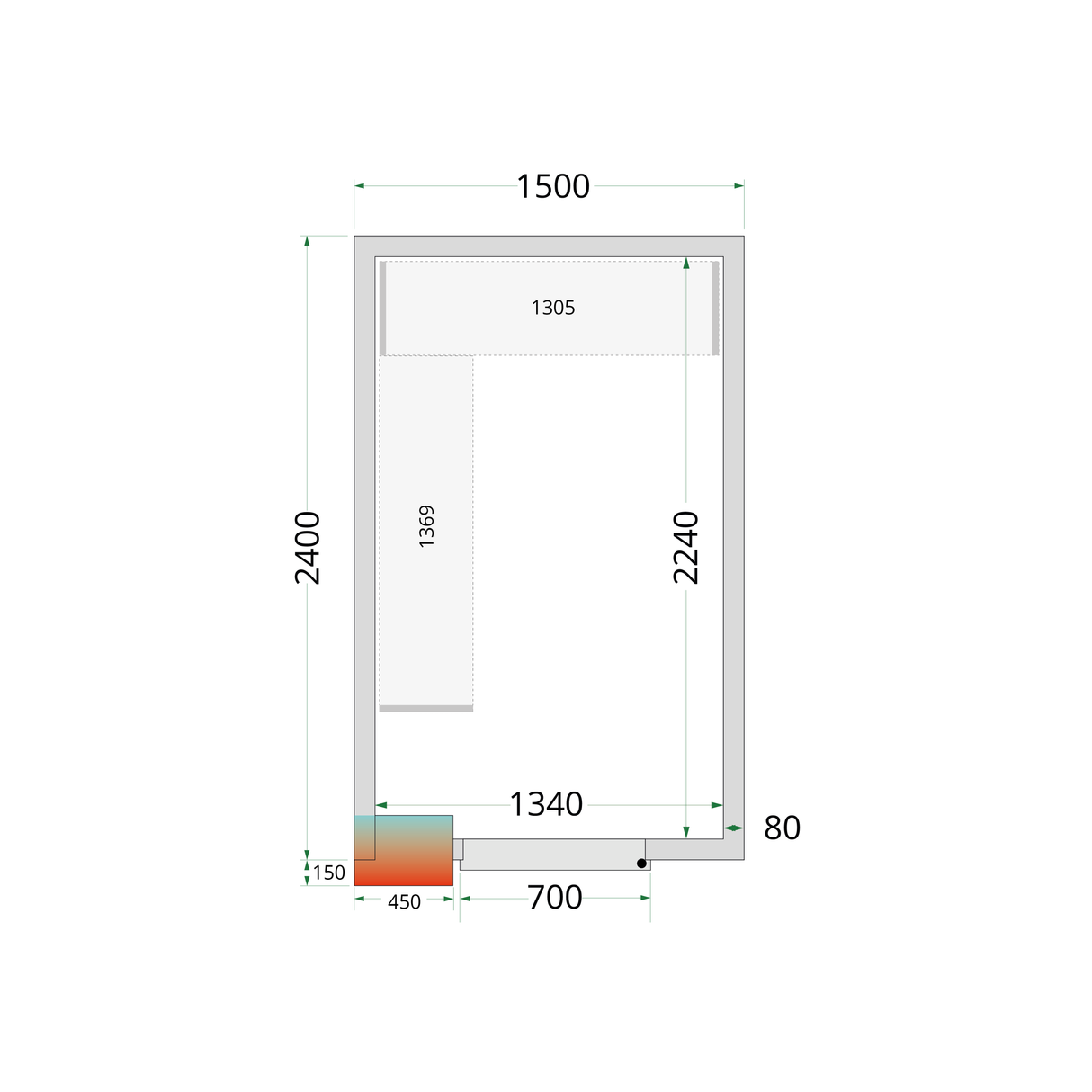 TEFCOLD Koelcelpanelen 80 mm - zonder vloer - CR 150x240x212 NF