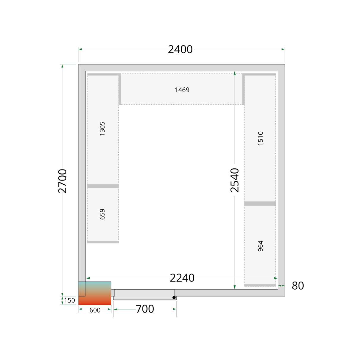 TEFCOLD Kühlraumpaneele 80 mm - ohne Boden - CR 240x270x212 NF