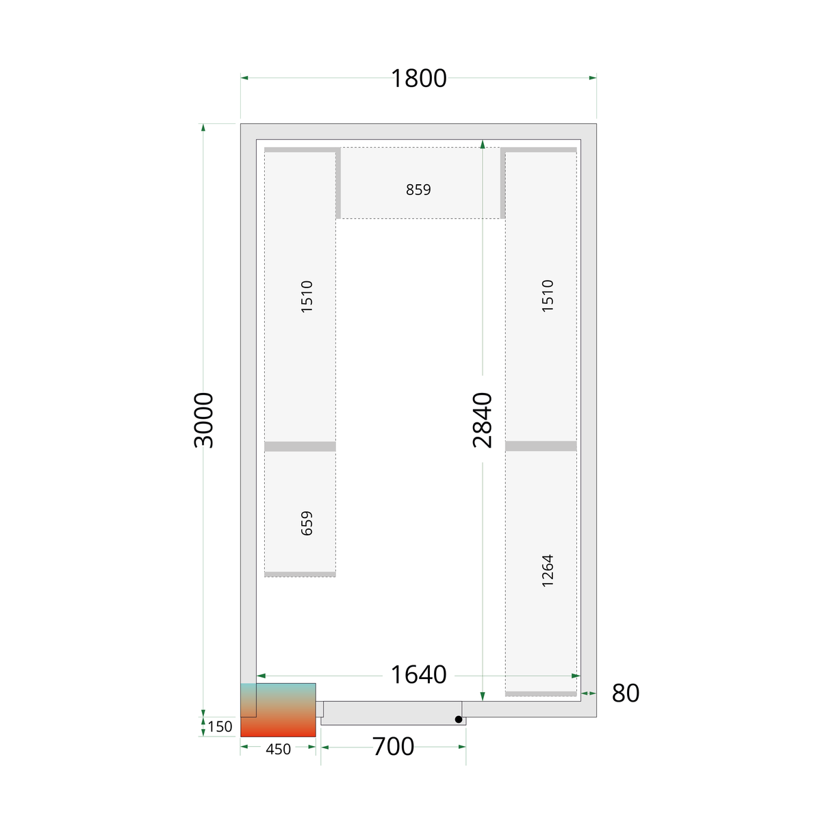 TEFCOLD Kühlraumpaneele 80 mm - ohne Boden - CR 180x300x212 NF