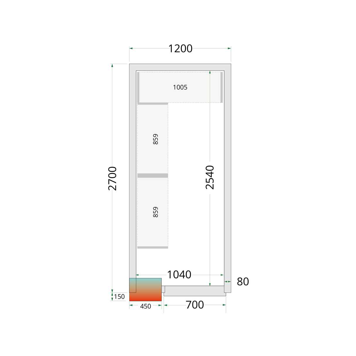 TEFCOLD Koelcelpanelen 80 mm - zonder vloer - CR 120x270x212 NF