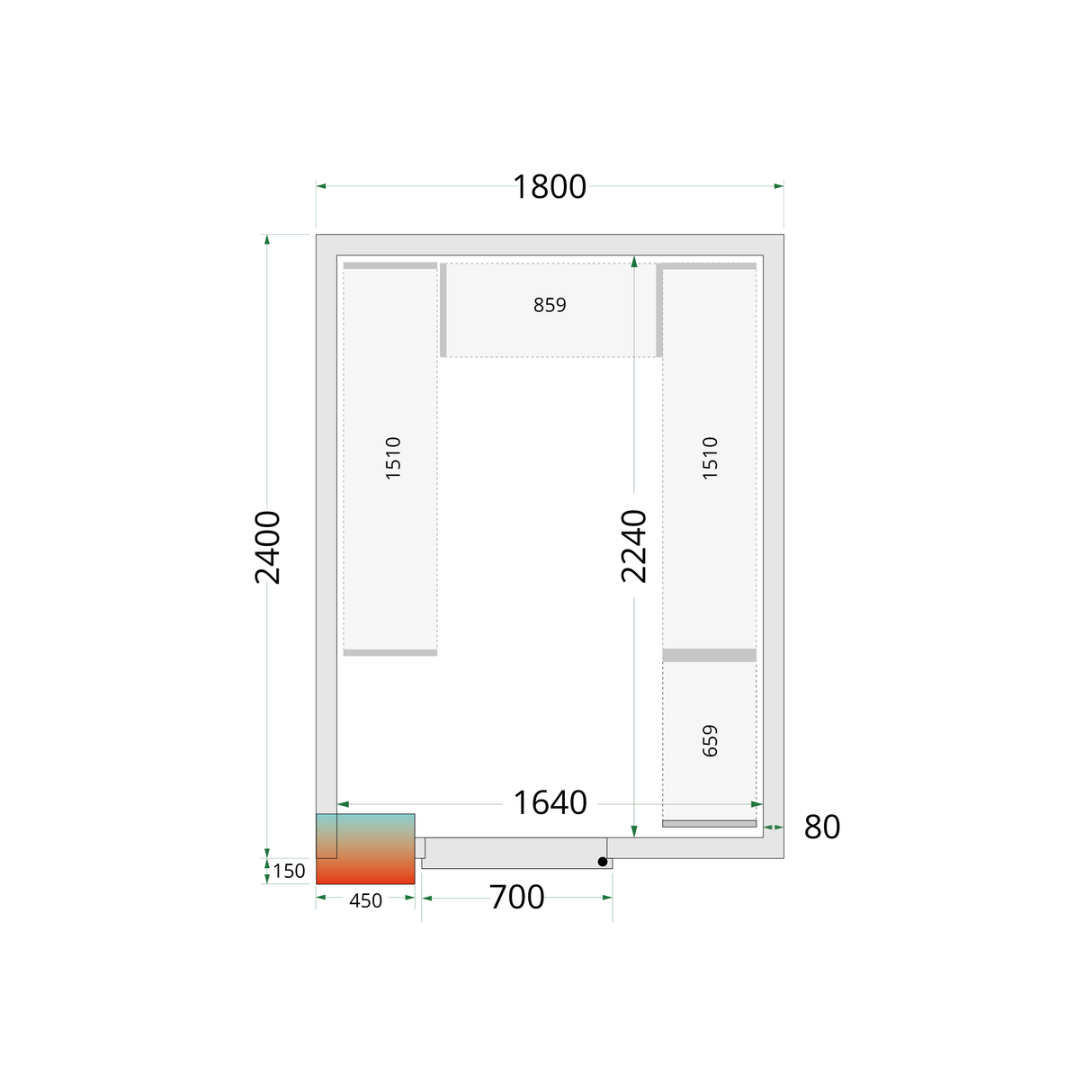 TEFCOLD Koelcelpanelen 80 mm - zonder vloer - CR 180x240x212 NF