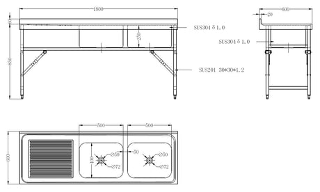 Combisteel Fold Down Mobile Stainless Steel Double Bowl Sink 1800mm - 7490.0280 Double Bowl Sinks Combisteel   