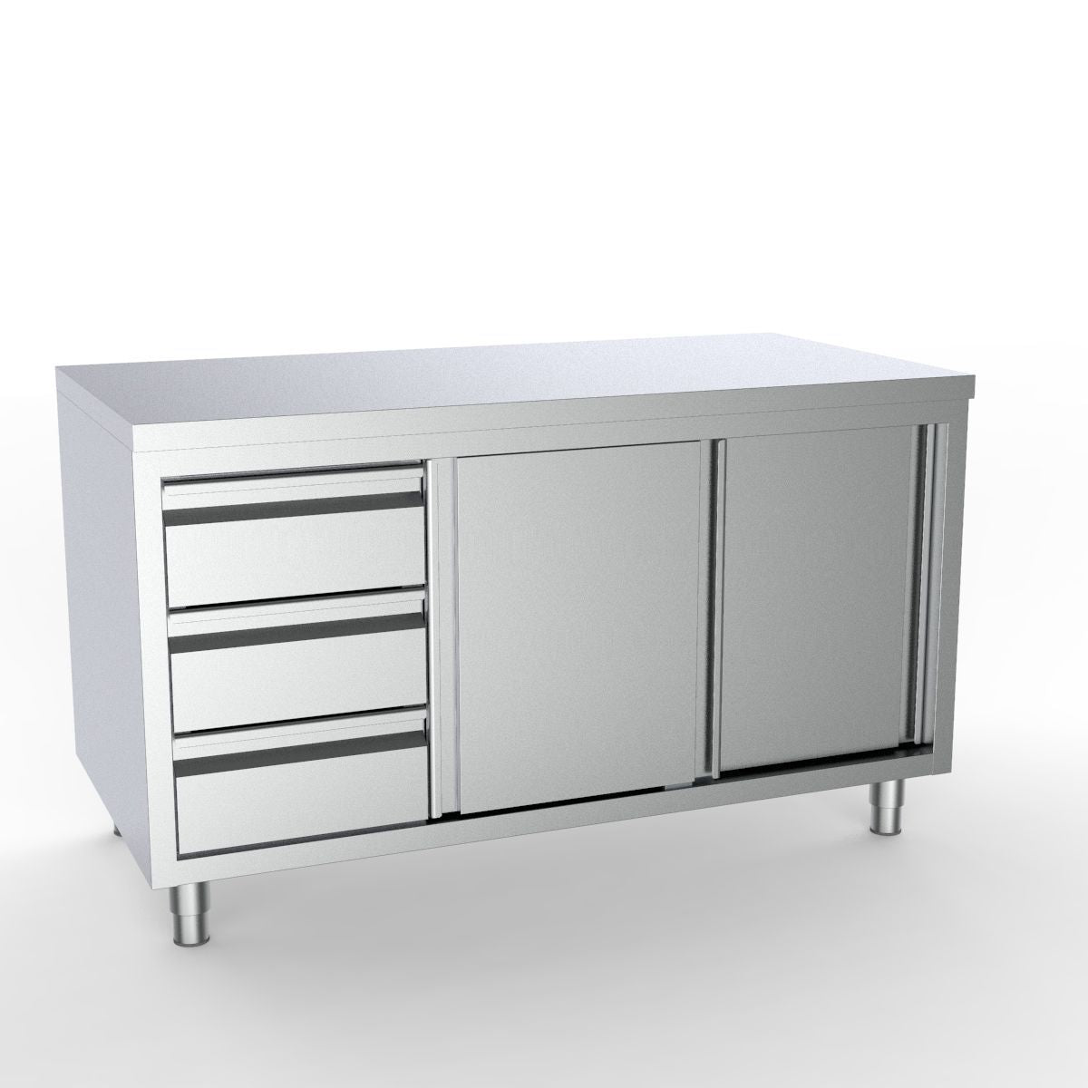 Combisteel Full 430 Stainless Steel Worktable With Sliding Doors & 3 Drawers 1400mm Wide - 7333.0248 Stainless Steel Worktops With Cupboards Combisteel   