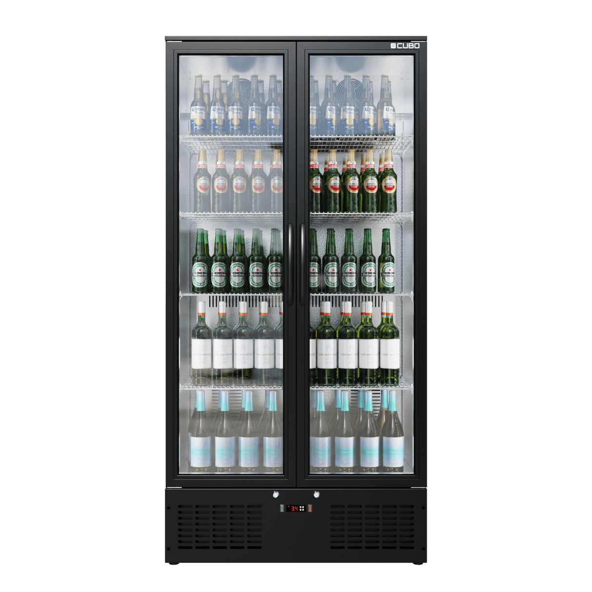 CUBO Upright Bar Fridge 477L - Black with Stainless Steel Interior - 2 Glass Doors with LED Lighting - Lockable with Key - Energy Efficient - CS-510H