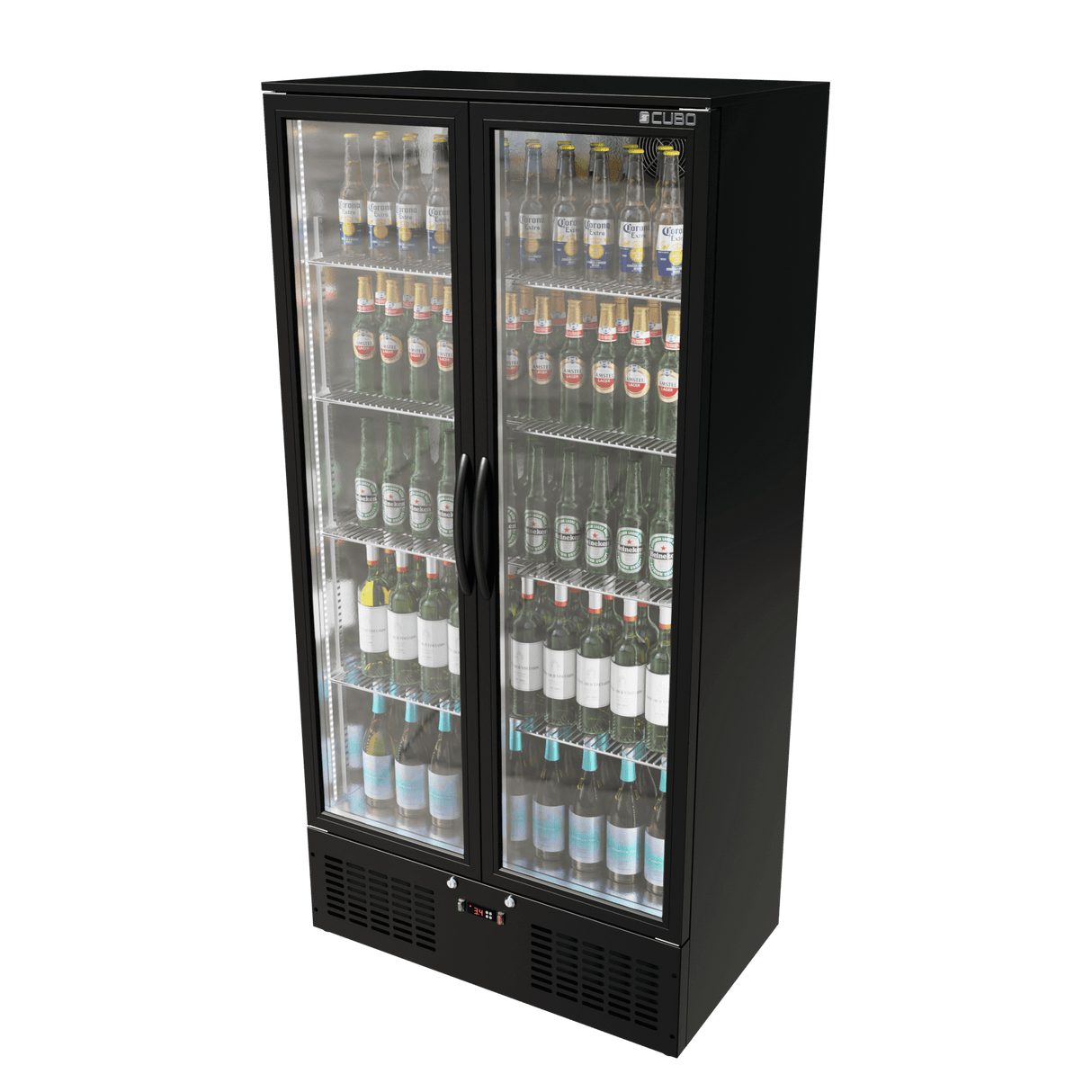 CUBO Upright Bar Fridge 477L - Black with Stainless Steel Interior - 2 Glass Doors with LED Lighting - Lockable with Key - Energy Efficient - CS-510H