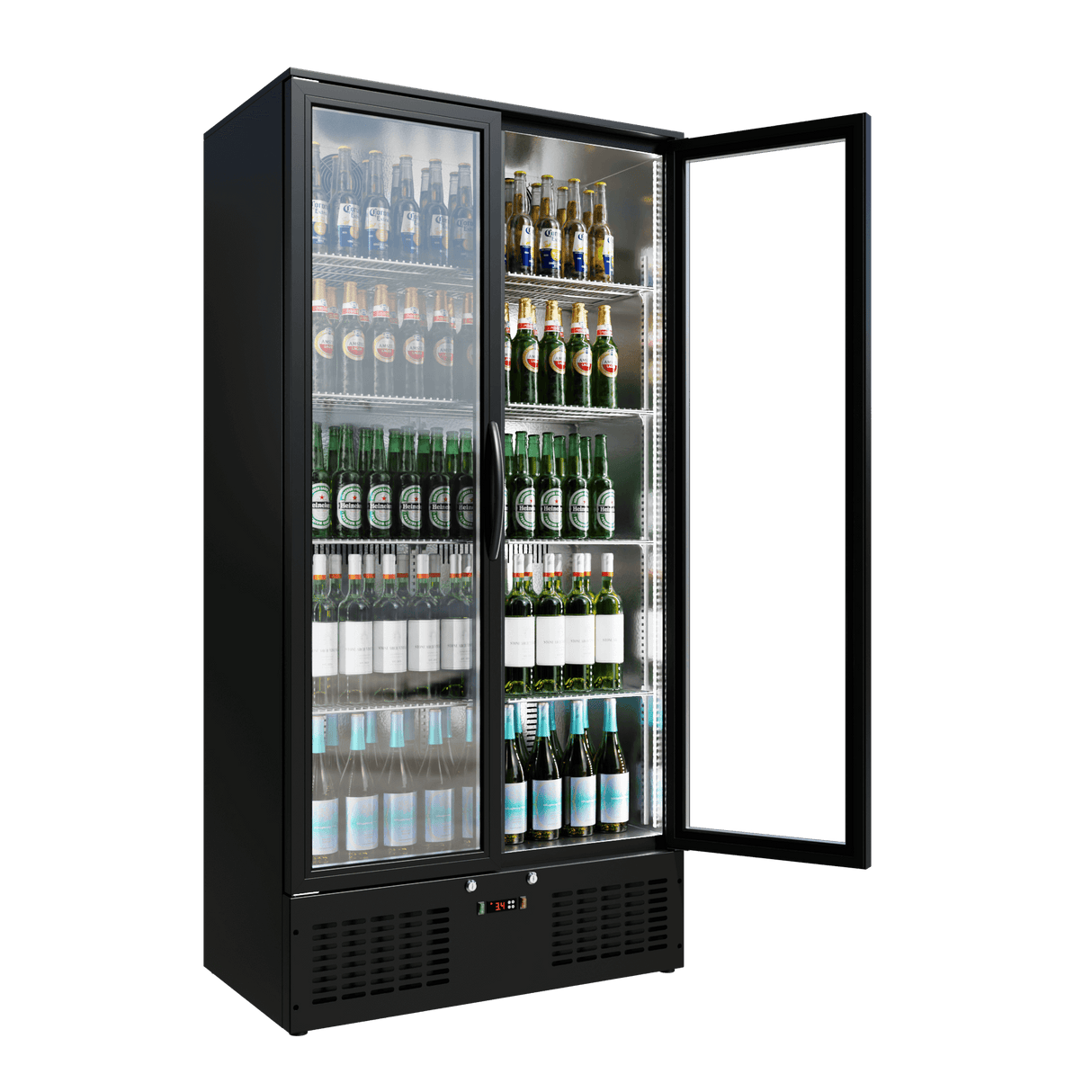 CUBO Upright Bar Fridge 477L - Black with Stainless Steel Interior - 2 Glass Doors with LED Lighting - Lockable with Key - Energy Efficient - CS-510H