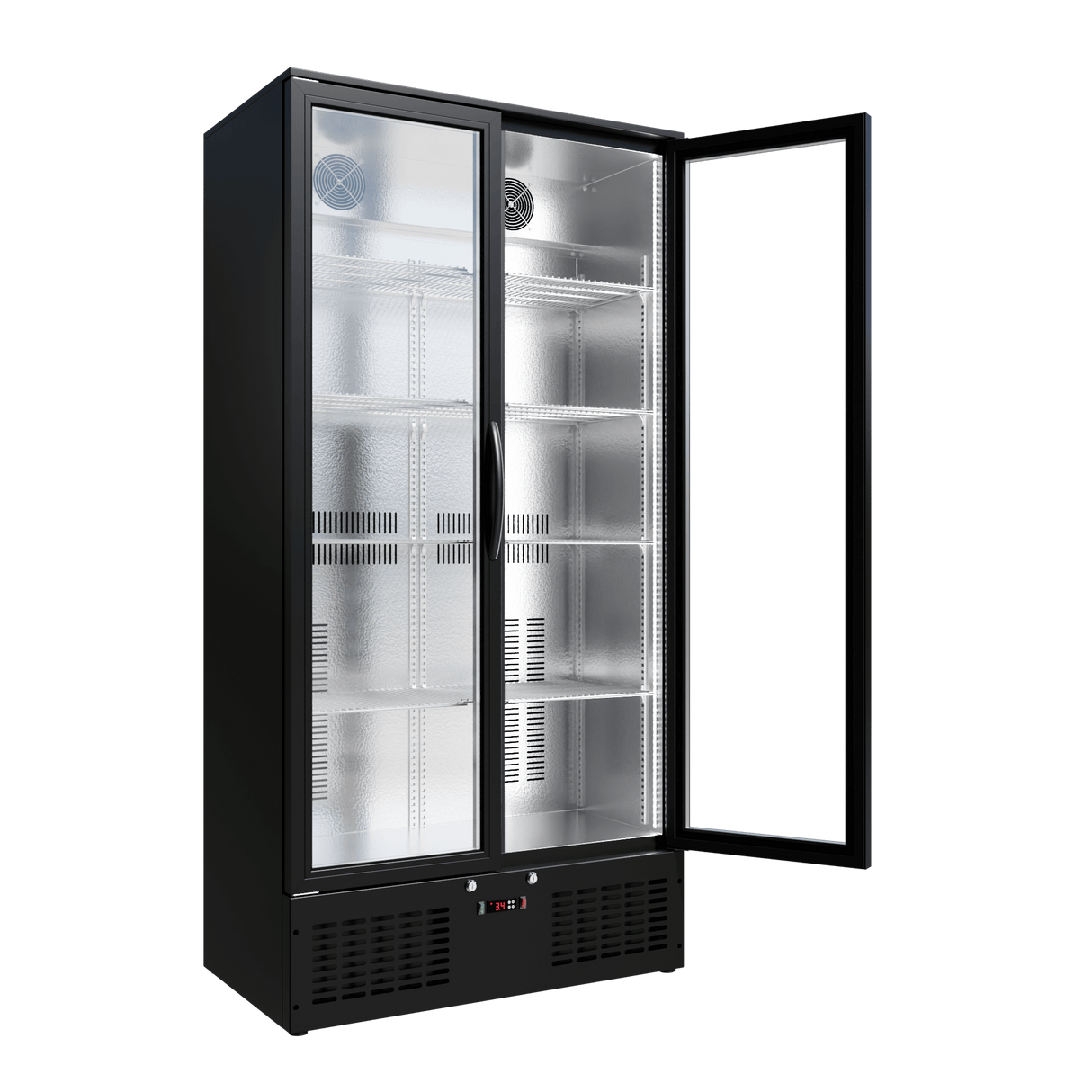 CUBO Upright Bar Fridge 477L - Black with Stainless Steel Interior - 2 Glass Doors with LED Lighting - Lockable with Key - Energy Efficient - CS-510H