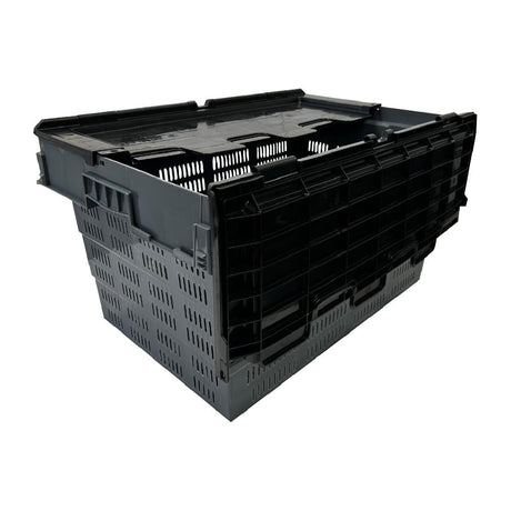 Vogue Perforated Plastic Transport Storage Crate with Attached Lid 600x400x320mm - DX996  Vogue