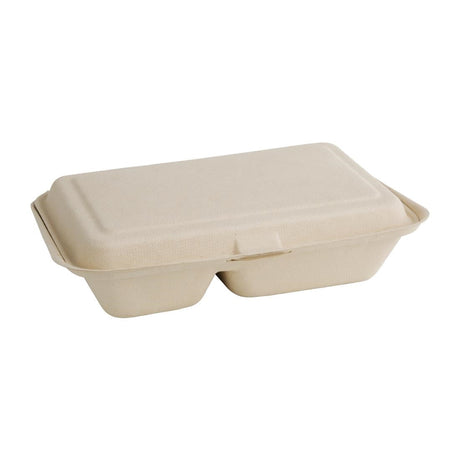 Fiesta Compostable Bagasse Two-Compartment Hinged Food Containers Natural Colour 253mm (Pack of 200) - FC541  Fiesta