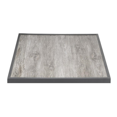 Bolero Wood Grain Effect Outdoor Tempered Glass Table Top Grey Trim 700mm - FU515  Bolero