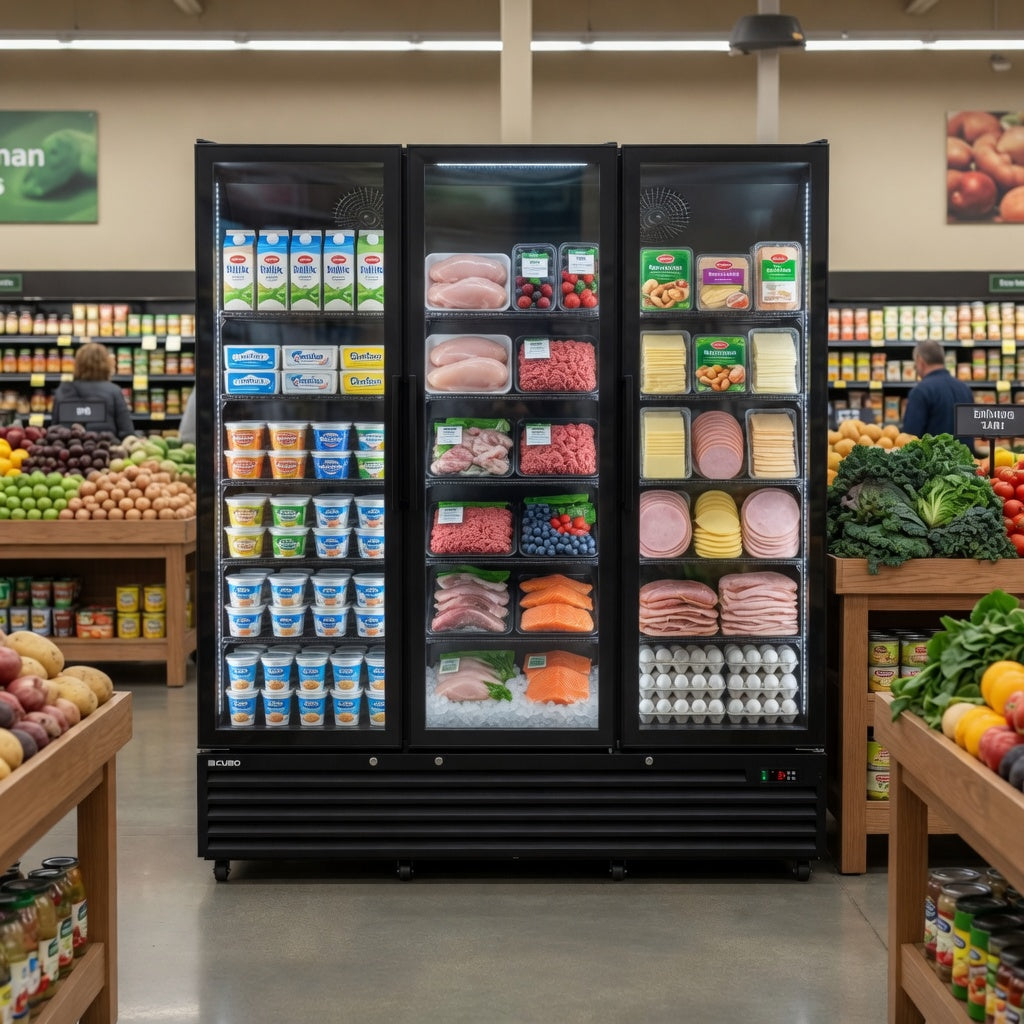 CUBO Display Fridge 1483L - 3 Door - 15 Shelves - Glass Door - Black Interior - CS-SU1500