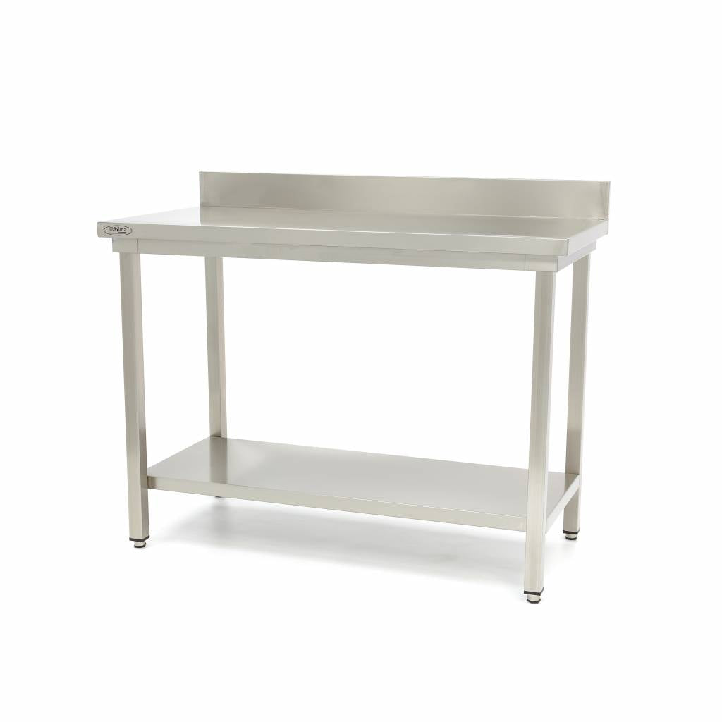 Maxima  Stainless Steel Table - 200 x 60cm - Adjustable Height - with Backsplash and Storage Shelf  - 09300995