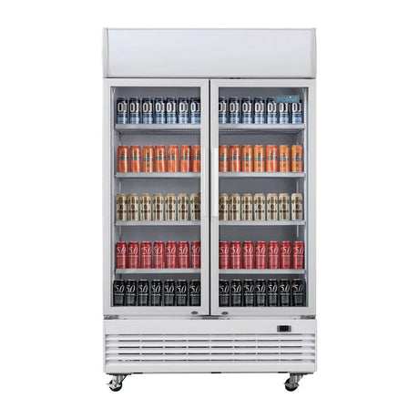 Polar G-Series Upright Display Cooler with Light Box 950Ltr with Hinged Doors - GE580 Upright Double Door Bottle Coolers Polar