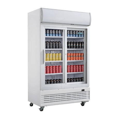 Polar G-Series Upright Display Cooler with Light Box 950Ltr with Sliding Doors - GE581 Upright Double Door Bottle Coolers Polar