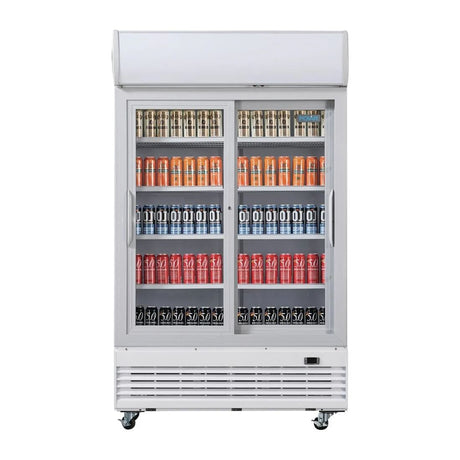 Polar G-Series Upright Display Cooler with Light Box 950Ltr with Sliding Doors - GE581 Upright Double Door Bottle Coolers Polar