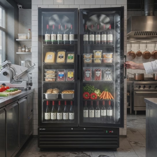 CUBO Display Fridge 879L - 2 Door - 10 Shelves - Glass Door - Black Interior - CS-SU1000
