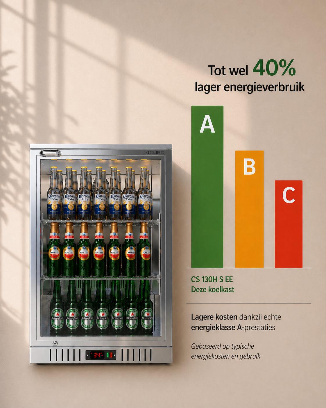 Cubo Barkoelkast 133L - 1 Glazen deur RVS - Afsluitbaar met slot - 72 flessen - Energiezuinig - CS-130H-S-EE