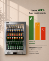 Cubo Barkoelkast 133L - 1 Glazen deur RVS - Afsluitbaar met slot - 72 flessen - Energiezuinig - CS-130H-S-EE