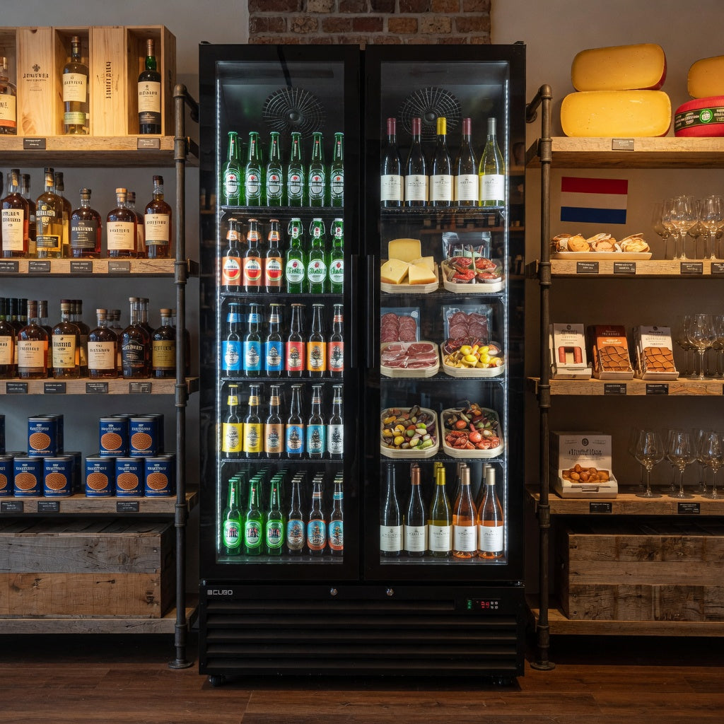 CUBO Display Fridge 776L - 2 Door - 10 Shelves - Glass Door - Black Interior - CS-SU800