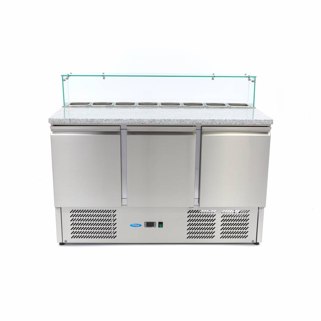 Maxima  Pizza Prep Fridge - 137cm - 3 Doors - Fits 8 x 1/6 GN - incl Glass Cover  - 09400208